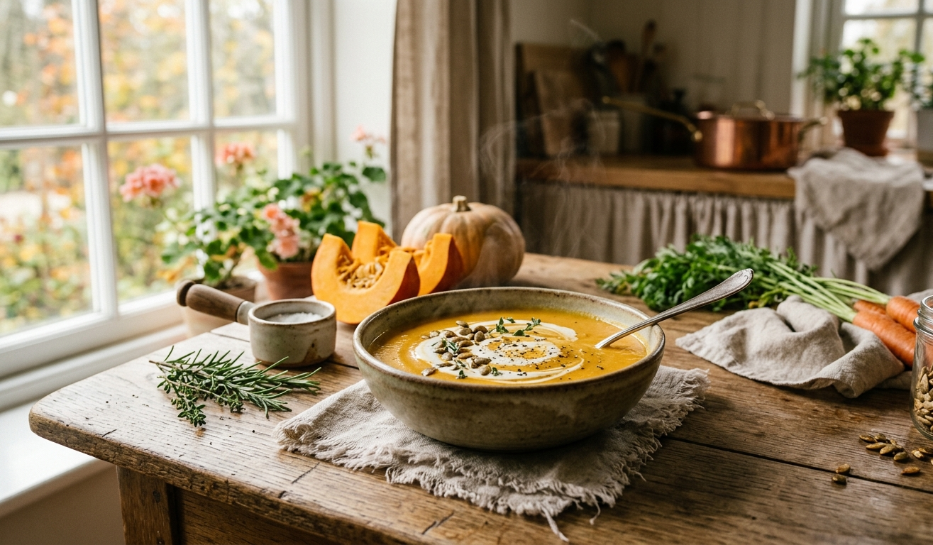 Zuppa autunnale di zucca fumante in una ciotola di ceramica artigianale
